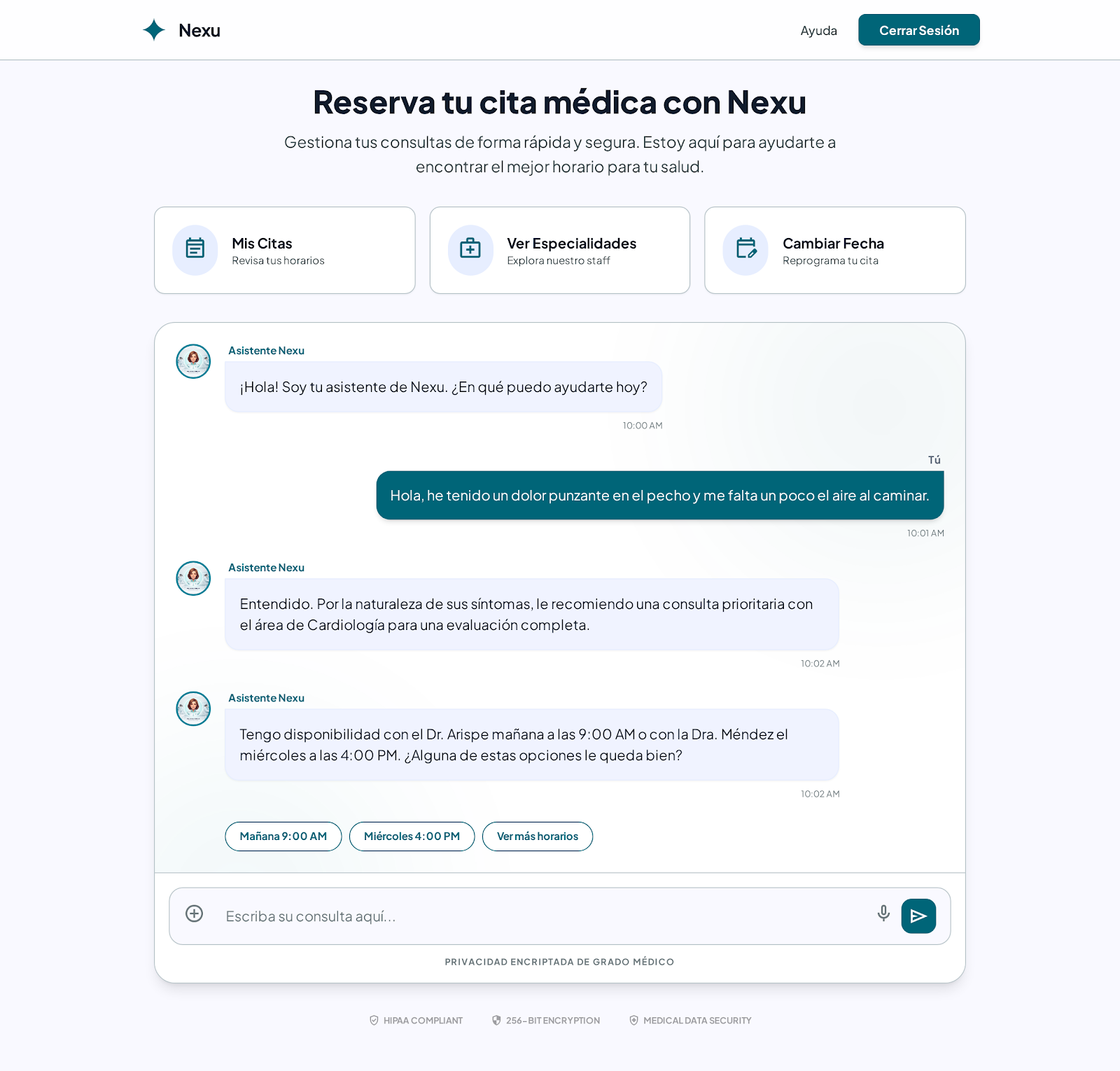 Conversación del asistente de Nexu con un paciente